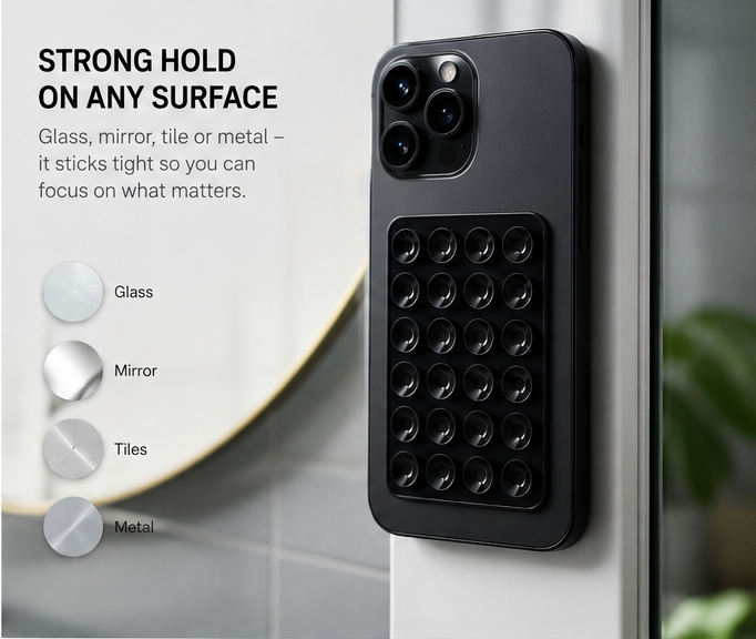 Black Suction Phone Case Sticker Grip Silicone Holder Mount for Hands-Free Mobile Accessory Holder Grip, Video Phone Accessory Compatible Mirror, Shower (Pack Of 2)